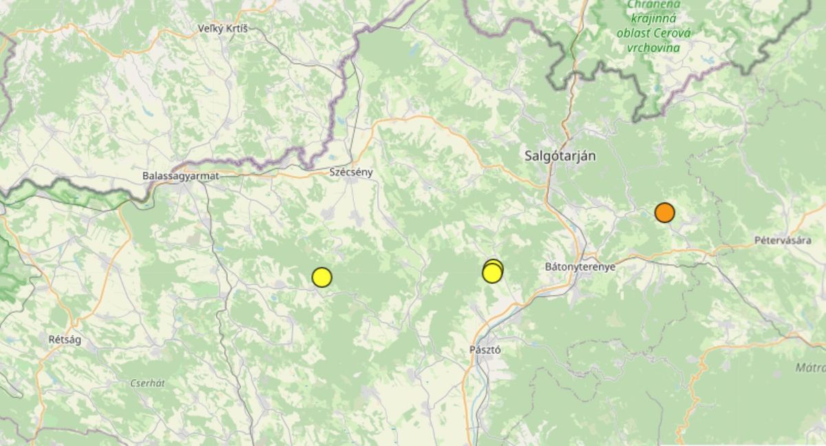 A sárga és narancssárga körök jelzik, hogy az elmúlt hetekben hol mozgott a föld Nógrád vármegyében