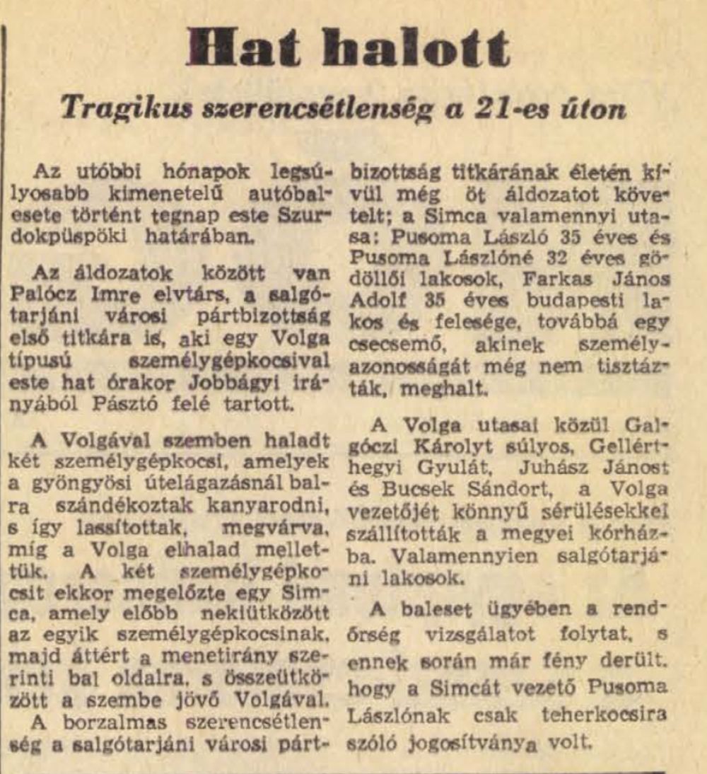 Nógrád, baleset, 1973, 21-es főút, hírlap