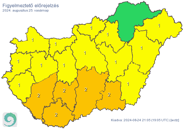 A Hungaromet.hu elsőfokú figyelmeztetést adott ki vasárnapra. A napi középhőmérséklet 25 °C felett alakulhat.